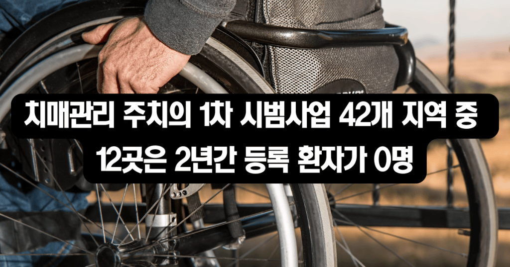 휠체어 바퀴를 잡은 손 사진 위에 치매관리 주치의 1차 시범사업 42개 지역 중 12곳은 2년간 등록 환자가 0명이라는 문구를 넣은 이미지