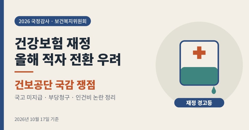 건강보험 재정 올해 적자 전환 우려, 건보공단 국정감사에서 무엇이 지적됐나? 국고 지원·부당청구·인건비 쟁점 정리
